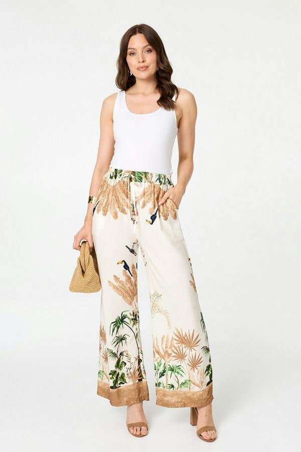 Beige | Tropical Wide High Waist Trousers