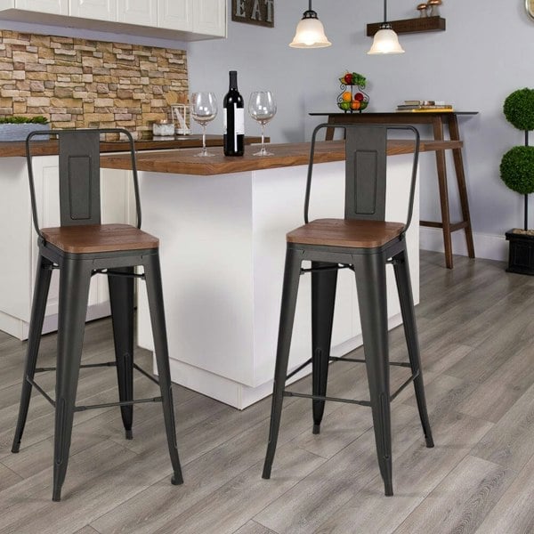 Set of 2/4 Metal Wooden High Bar Stools for Kitchen Bar Stools Living and Home