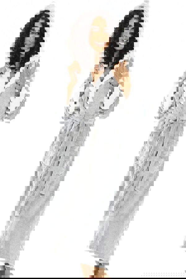 Camille Womens Light Grey Deep Pile Full Length Fleece Bathrobe with Sherpa Lined Hood & Cuffs