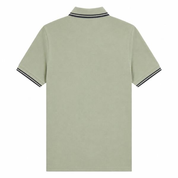Back view of a silver blue Fred Perry twin tipped polo shirt with dark airforce blue striped collar and cuffs.