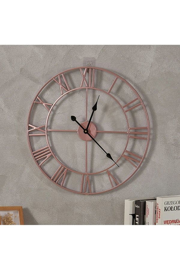 Living and Home 60cm Dia Rose Gold Roman Numeral Skeleton Wall Clock