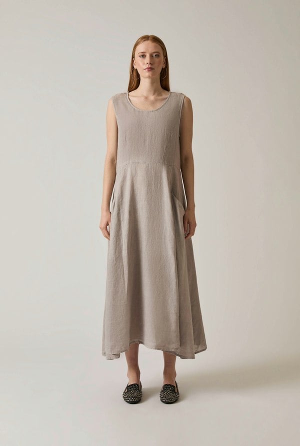 Taupe linen maxi dress sleeveless ankle length