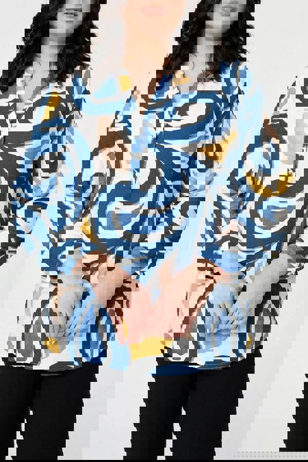 Blue | Curve Abstract Turn-Up Sleeve Blouse