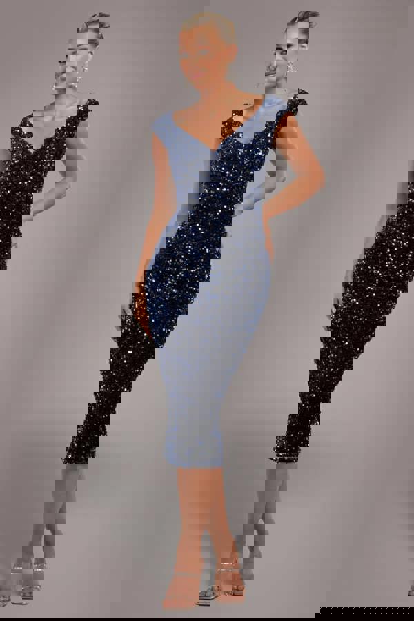 Multi Sequin & Velvet Bardot Midi Dress - Navy Blue DR3550