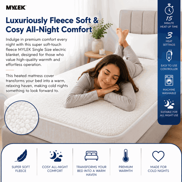 Mylek Electric Blanket Single Size Bed Premium Fleece Underblanket Dual Control with Elasticated Skirt