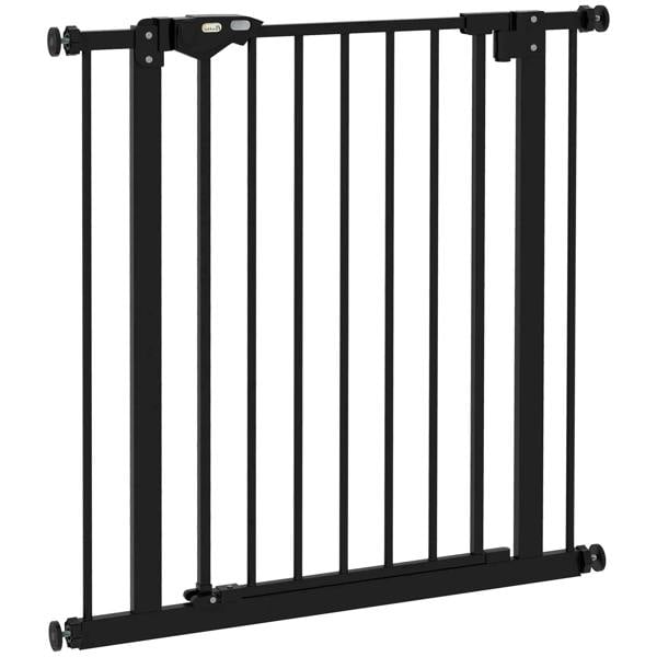 Black metal safety gate with vertical bars and hinged locking handle.