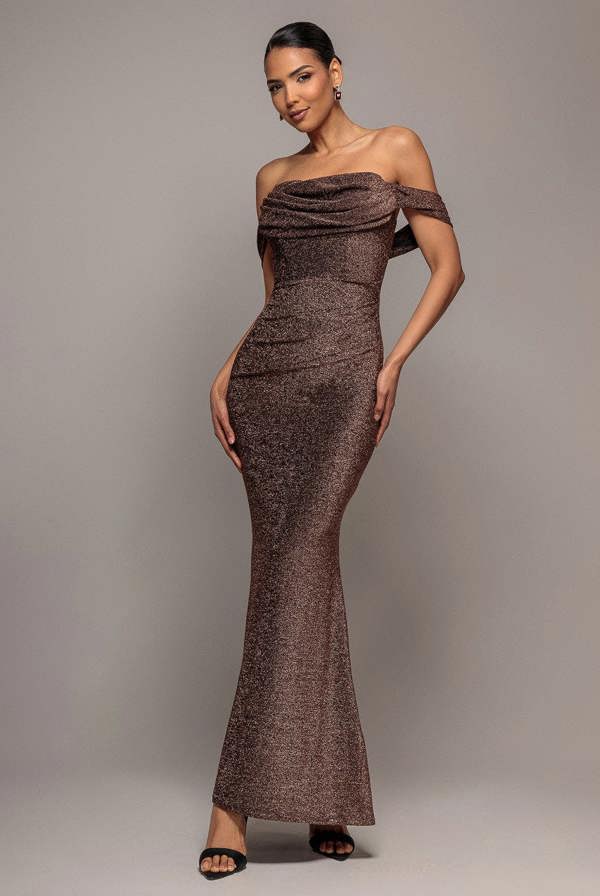 Lurex Cowl Neck Off The Shoulder Maxi Dress - Bronze DR3719