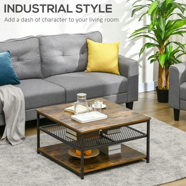 Rustic brown square coffee table with open wire-basket drawers and black metal legs