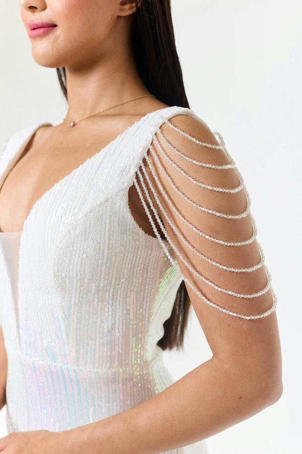LuvForever Riona - White Jewelled Shoulder Sequin Maxi Dress