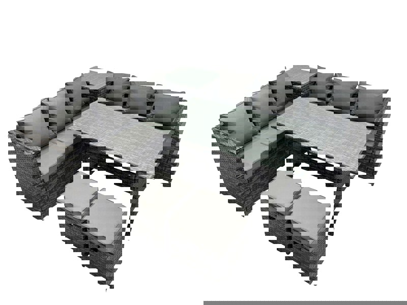 Fimous 8 Seater Outdoor Corner Sofa Dining Table Set Garden Rattan Furniture Set with Side Table 2 Small Stools Dark Grey