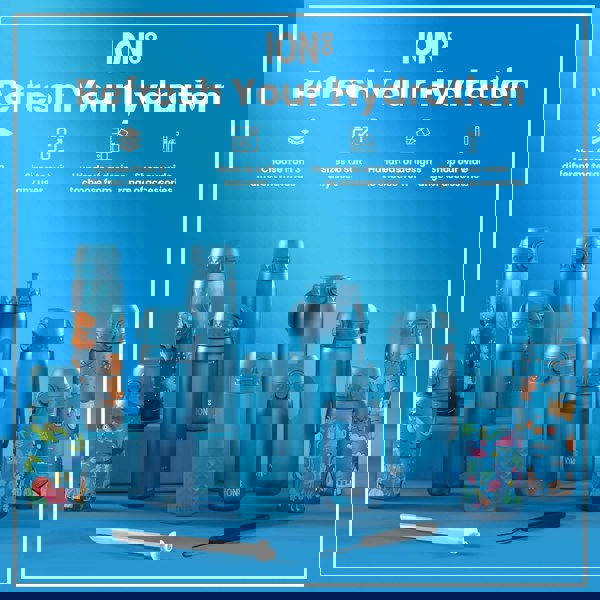 Several blue water bottles, of varying sizes and designs, are displayed on a blue surface. They showcase different material choices and accessories. The text reads: "ION8 Refresh Your Hydration," along with details on materials, sizes, designs, and accessories.