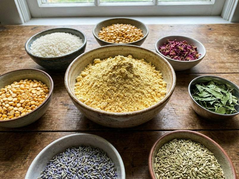 Earthy Tones 9 Turmeric & Rose ubtan ingredients in separate bowls.