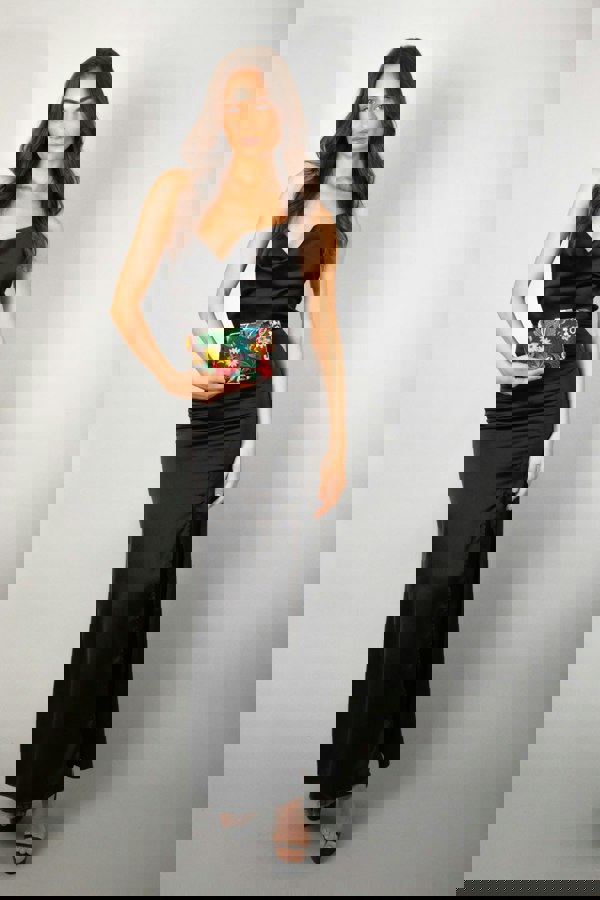 SVNX Black Square Clutch with Multicoloured Embroidered Florals
