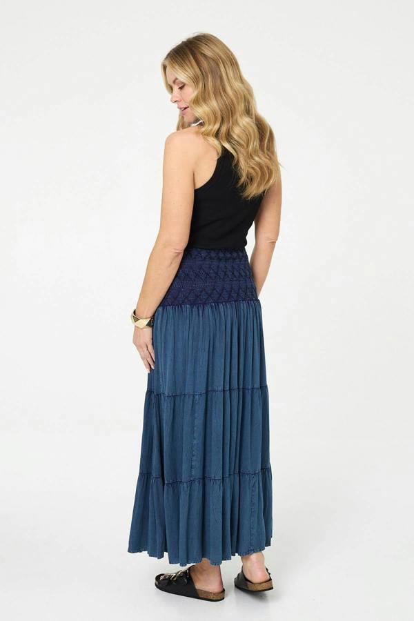 Blue | Elasticated High Waist Tiered Maxi Skirt
