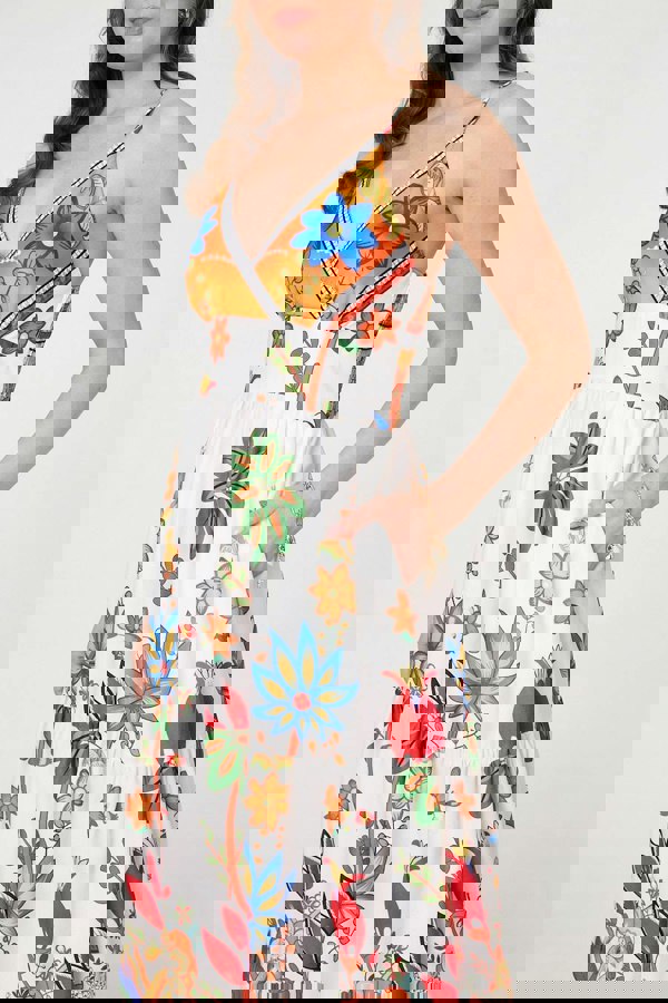 White | Tropical Print Sleeveless Maxi Sun Dress
