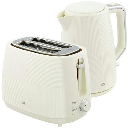 1.7L 3000W Fast Boil Kettle & 2-Slice Toaster Set, 7 Browning Levels, Defrost, Reheat & Boil-Dry Protection, Cream White