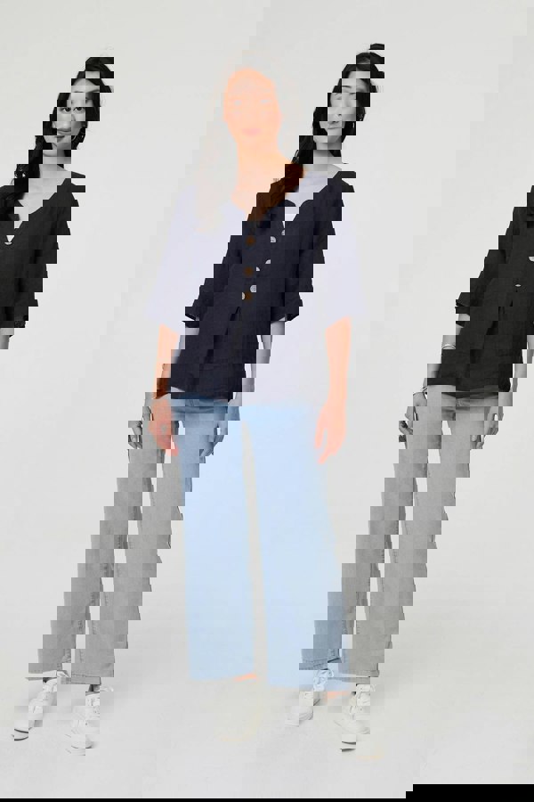 Navy | Button Detail 3/4 Sleeve Relaxed Blouse
