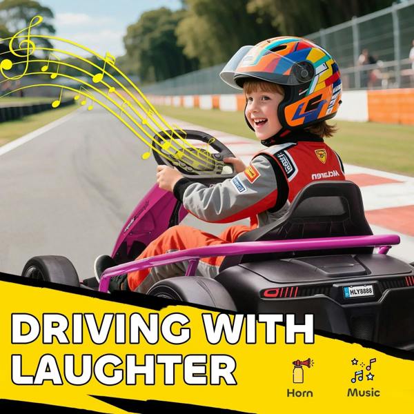 Pink kids electric go-kart with child smiling and waving, helmet on, front dash visible