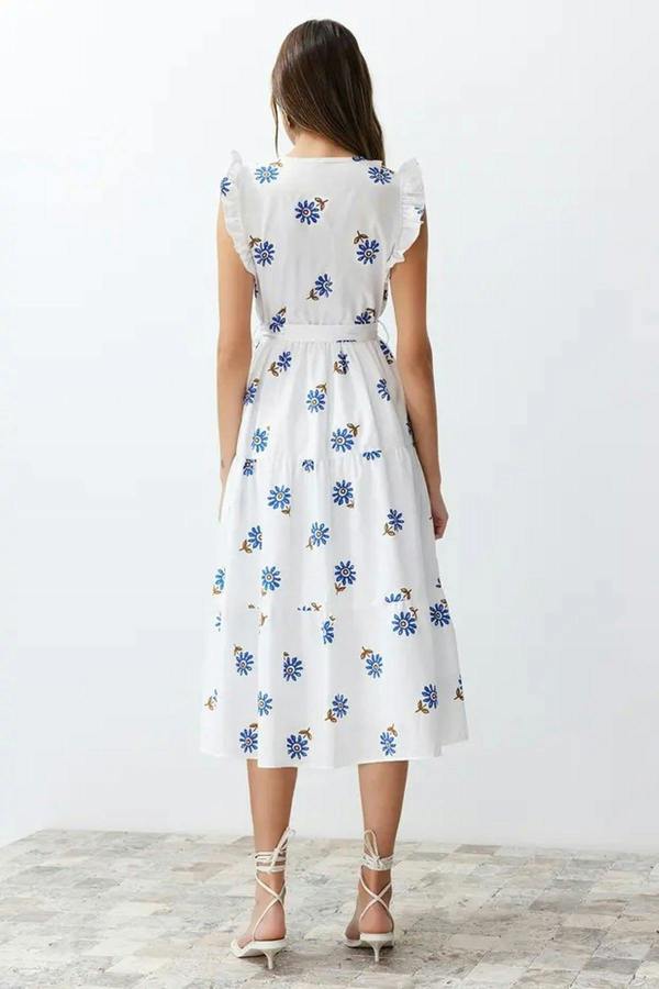 WOVCOR Belted A-line Wrap Neckline Lined Midi Woven Dress