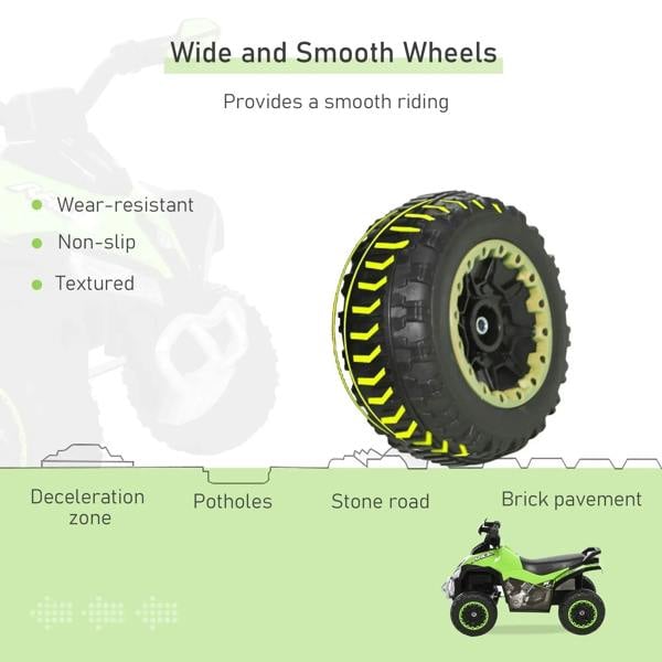 Toddler ride-on car walker tires detail, wide tread with green wheel rims