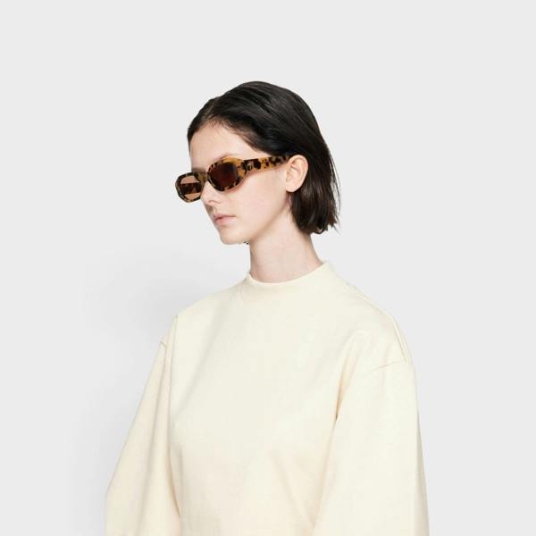 Supplied Fashion Linda Farrow Edition Irene sunglasses in tortoiseshell acetate worn by a model in a cream sweater