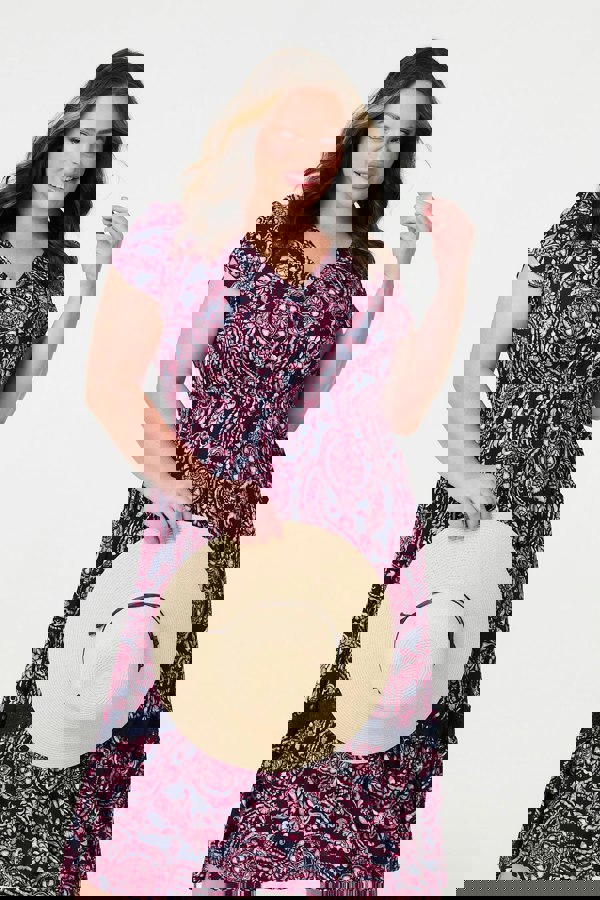 Navy | Printed Short Sleeve Lace Trim Midi Dress