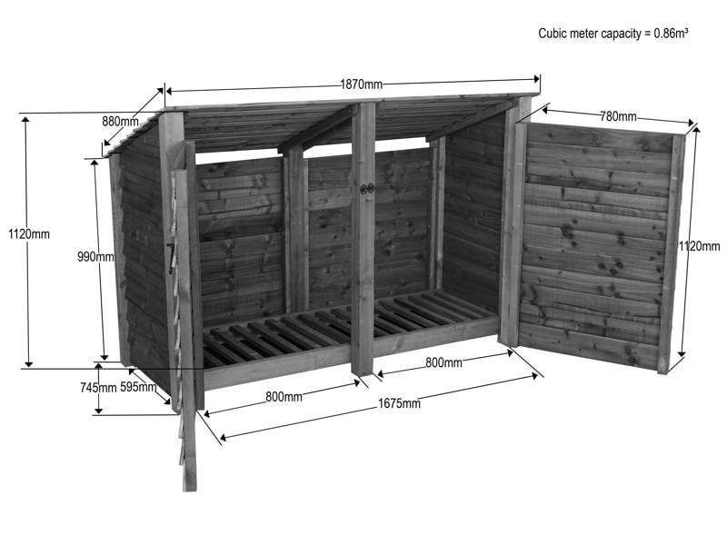 Arbor Garden Solutions Wooden Log Store (Roof Sloping Back) with Doors W-187cm, H-126cm or 180cm, D-88cm - Brown Finish
