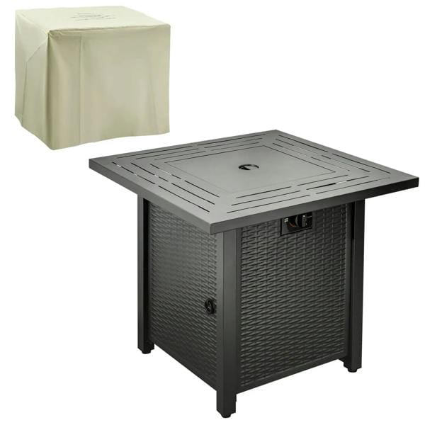 Black square propane fire pit table with open lid and protective cover