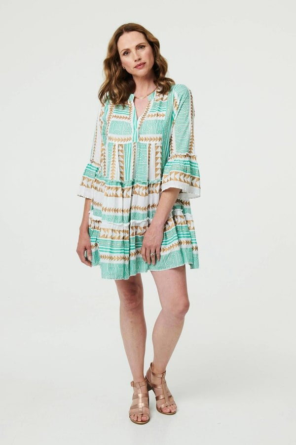 Light Green | Printed 3/4 Sleeve Tiered Mini Dress
