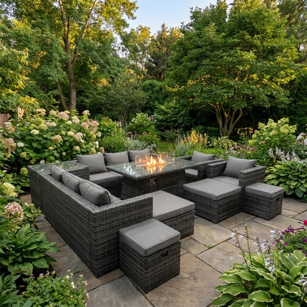 Fimous 12 Seater Rattan Garden Furniture Set with Fire Pit Dining Table, 2 Sofas, 2 Chairs, Side Table & 4 Footstools