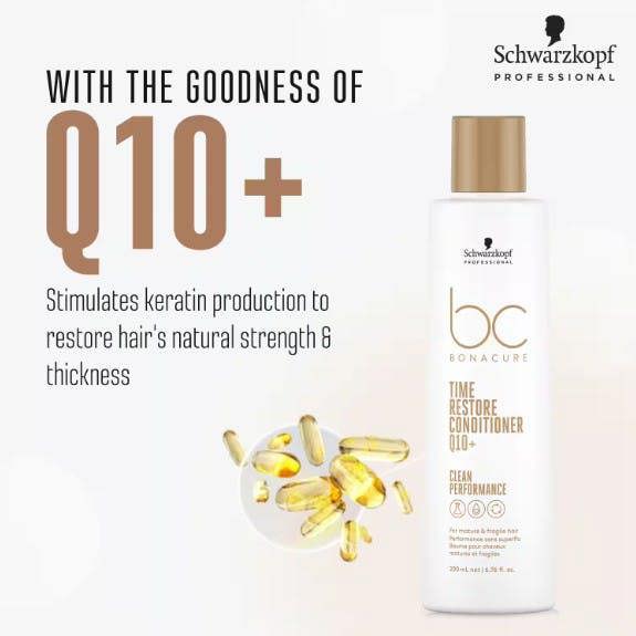 Schwarzkopf Time Restore vegan conditioner enhances elasticity and resistance making it perfect for long, mature hair.