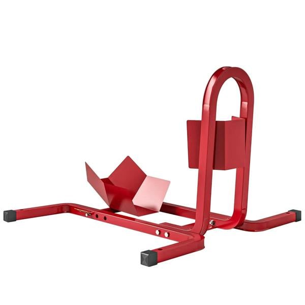 Red metal front wheel chock locking stand with adjustable base arms