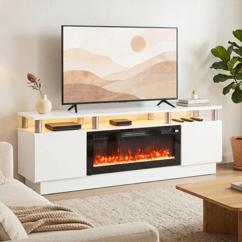 HOMCOM Electric Fireplace TV Stand for 80" TVs, LED Strip, 900/1800W, White