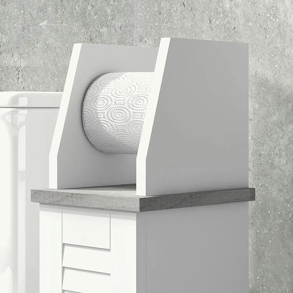 White cabinet with roll holder on dark ledge, slatted storage and knob handle