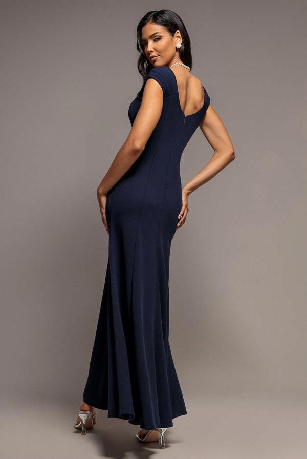 Capped Sleeve V Neck Pleated Fit & Flare Maxi Dress - Navy Blue DR5117