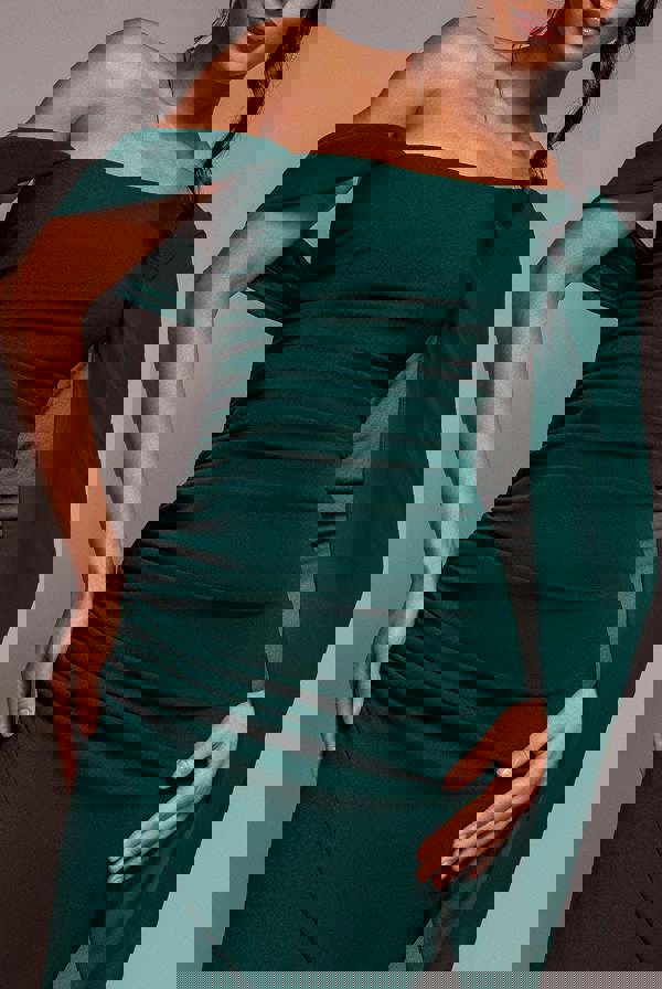 One Shoulder Cape Scuba & Chiffon Maxi Dress - Emerald Green DR4899