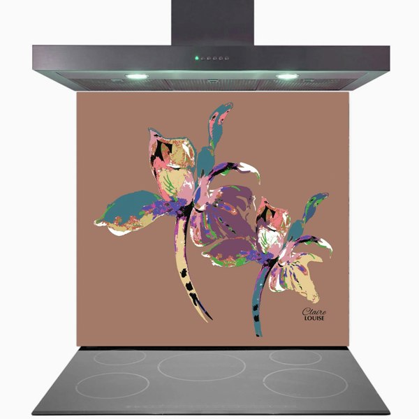 Claire Louise - Designer Flora Pop Mocha Mousse Iris Glass Kitchen Splashback