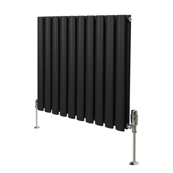 Sleek black oval column radiator with vertical fins, measuring 600mm x 600mm, featuring chrome valves and sturdy floor supports
