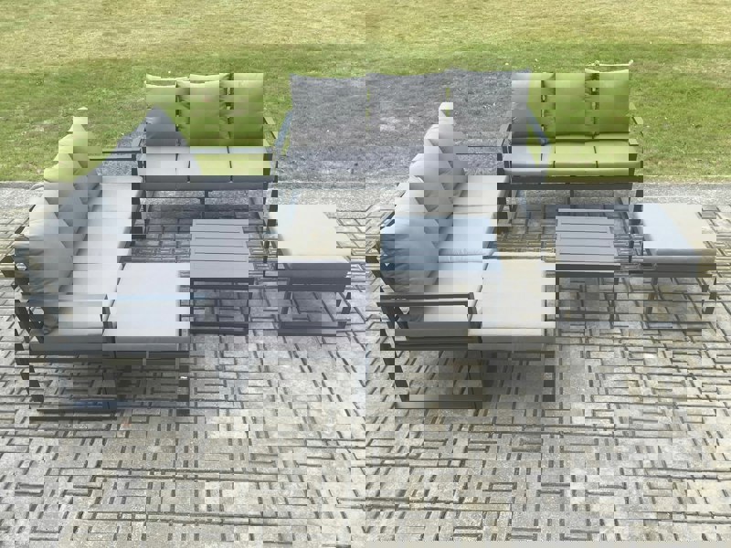 Fimous Aluminium 5 Pieces Garden Furniture Sofa Set with Cushions 8 Seater Outdoor Patio Set with Square Coffee Table 2 Big Footstools Dark Grey