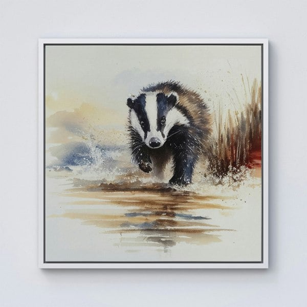 Warren Reed Wading Badger Watercolour Framed Canvas