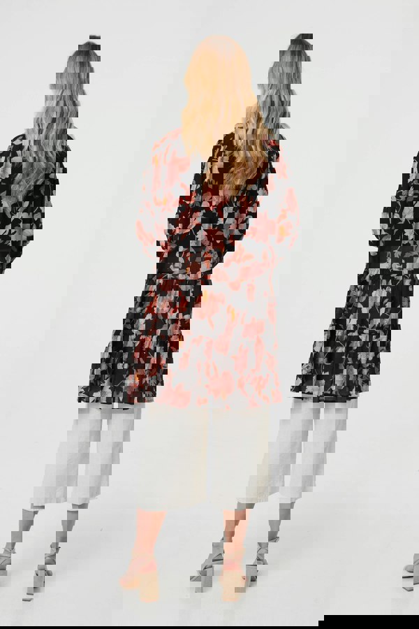 Black | Floral Long Sleeve Longline Tunic Blouse
