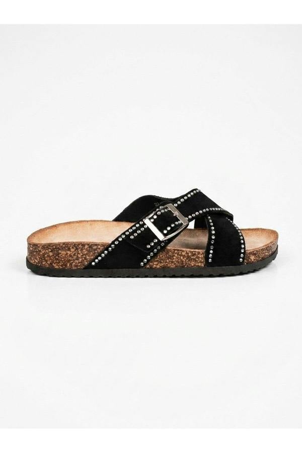 Ruby Womens Studded Criss Cross Slide Sandals - Black