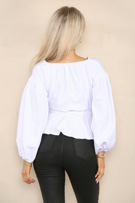 Elaina Fashion Women's White V Neck Long Balloon Sleeve Top 