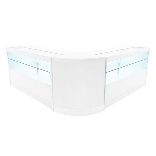 White Selene LED shop counter set with sleek design, featuring glass display shelves and a modern curved shape, ideal for retail spaces