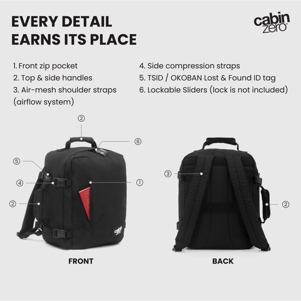 CabinZero Classic Cabin Backpack 28L, Underseat-Approved Carry On, Lightweight Travel Bag for Flights