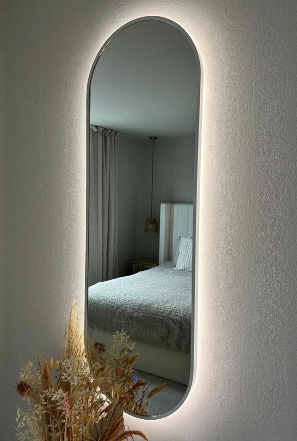 Downton Interiors LED Backlit White Modern Tall Metal Frame Oval Wall Mirror - 120cm