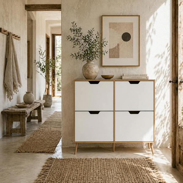 Wyld Haus Margarita Wooden Natural  and White Shoe Cabinet With 4 Flip Drawers For 8 To 16 Pairs