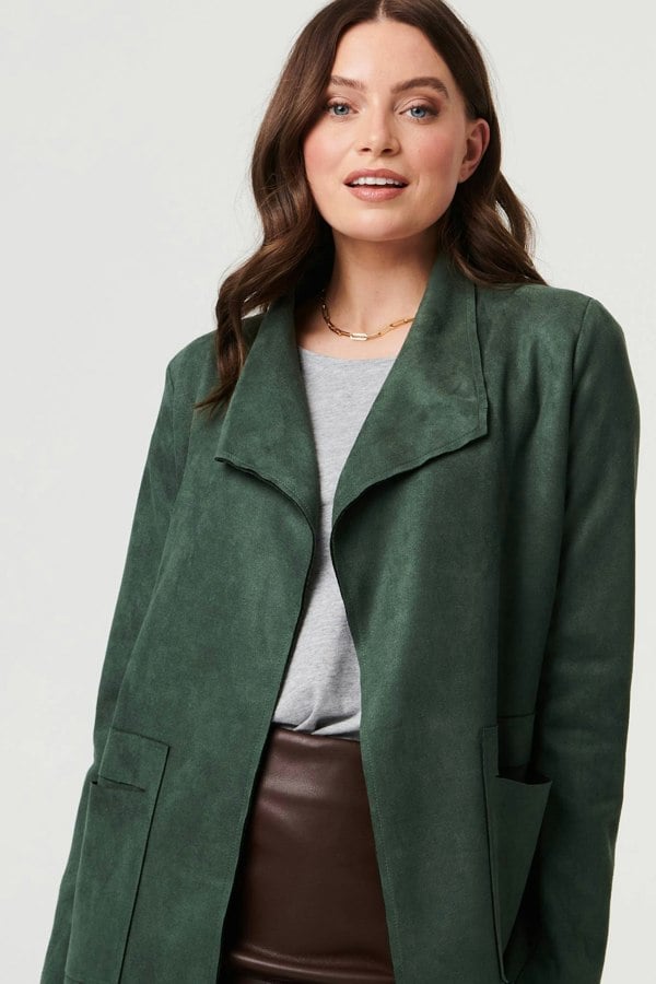 Green | Faux Suede Collared Open Front Jacket

