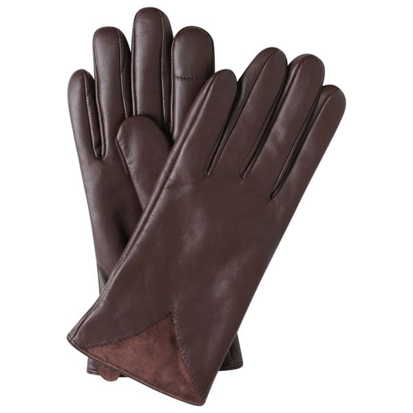Image displays brown leather gloves photographed against a white background. The gloves are made from leather and feature a triangle of suede on the cuff.