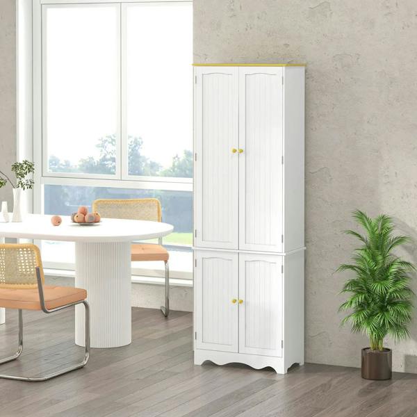 White freestanding cabinet with four doors and yellow knob pulls